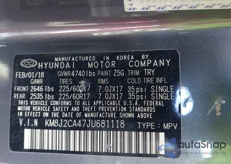 2018 Hyundai Tucson Se z USA, uszkodzony, nr VIN KM8J2CA47JU681118